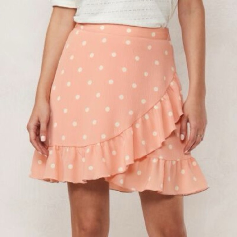 LC Lauren Conrad Pink Polka dot Ruffled Flutter Mini Skirt Size Large NWT